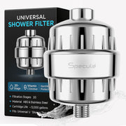 Specule shower filter installed between shower pipe and shower head in bathroom
